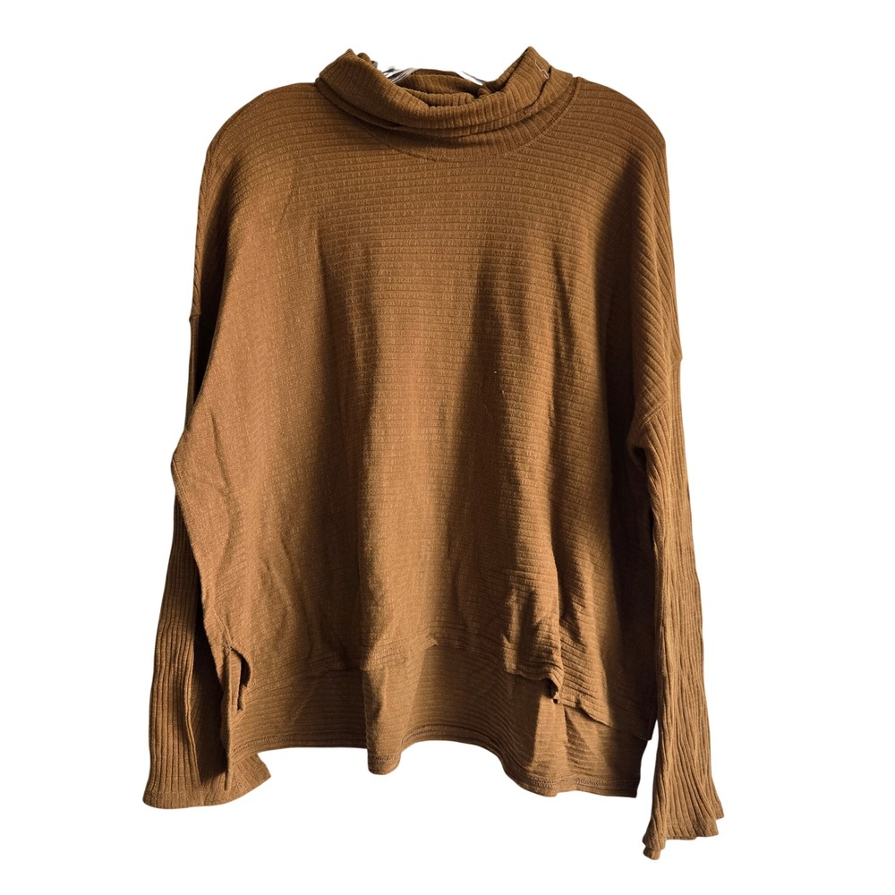 FP Movement M Mock Neck Top Women Brown Excellent Ribbed High-Low OB1160723